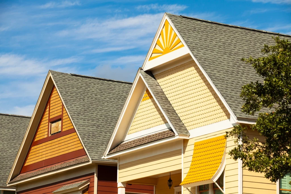 close up to modern victorian house roofs